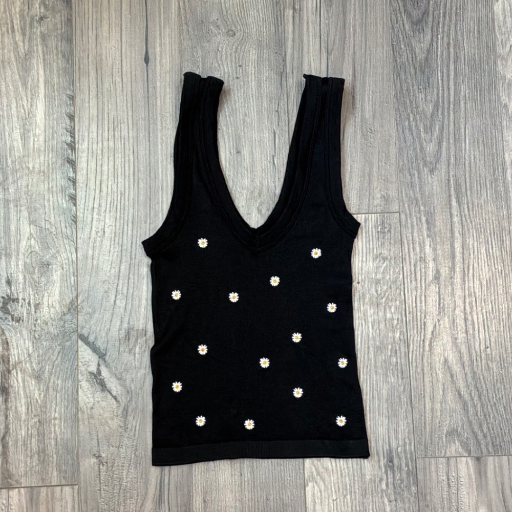 Harper &‎ Ivy Black Ribbed Daisy Embroidered V-Neck Tank Top Womens XS